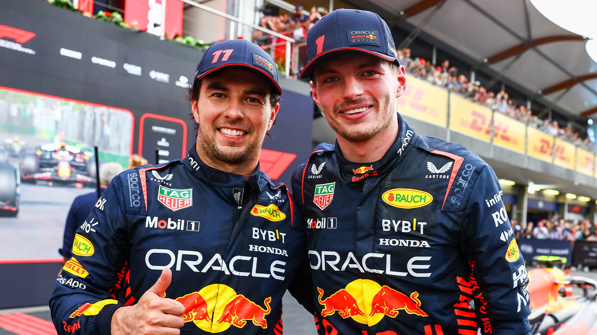 Sergio Perez and Max Verstappen smiling after 2023 Azerbaijan GP
