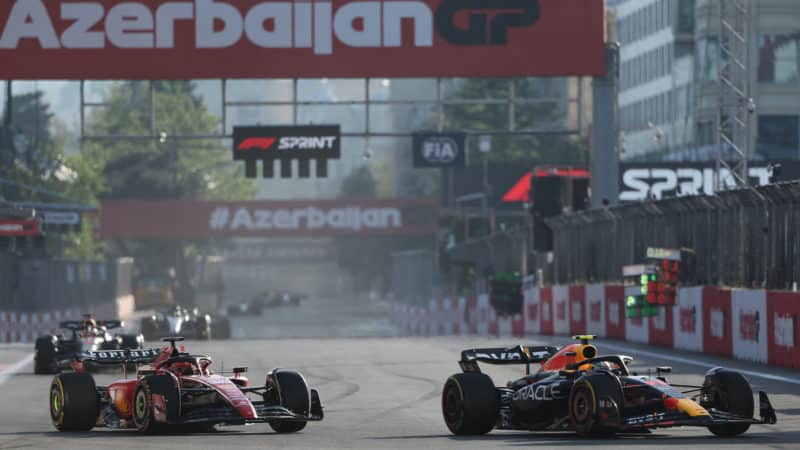 Sergio Perez passes Charles Leclerc in 2023 Azerbaijan GP sprint race