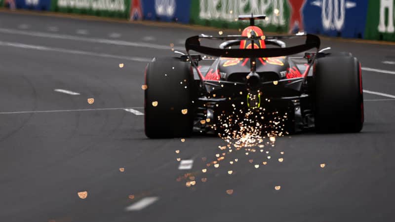 Sparks fly from Red Bull at Albert Park in practiuce for 2023 Australian GP