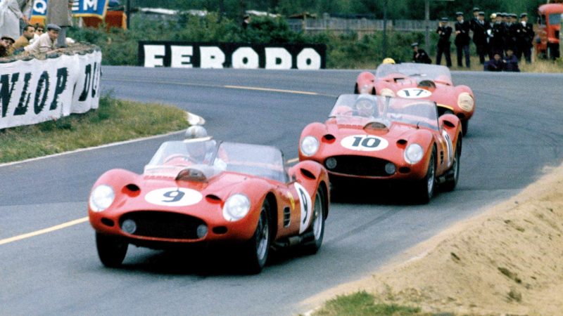 Three 1960 Ferrari 250TRs exit from Mulsanne