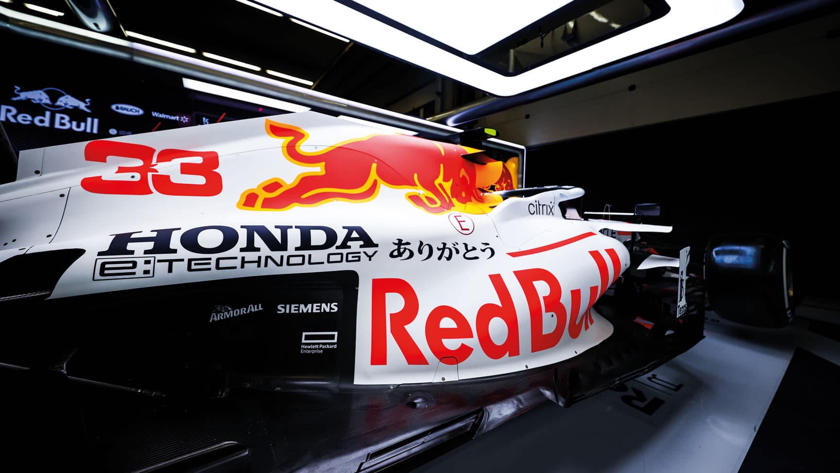 Verstappen white Red Bull in the garage