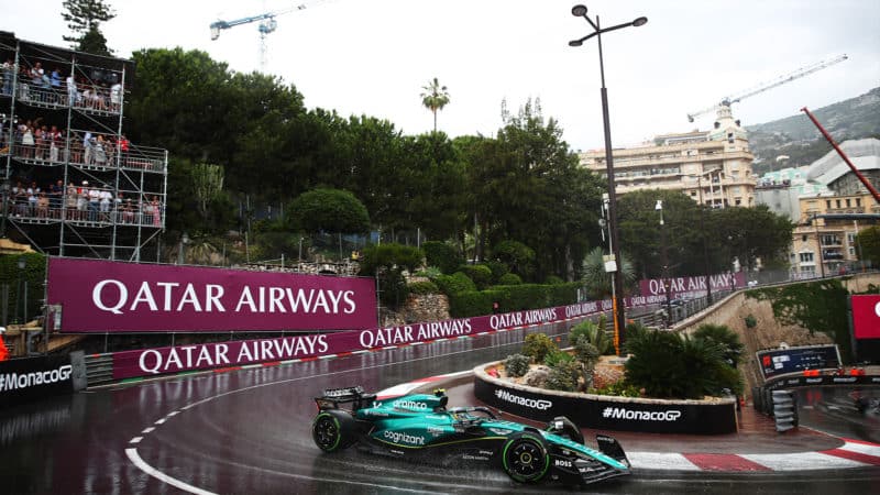 Aston Martin of Fernando Alonso at Lowes hairpin in 2023 Monaco Grand Prix