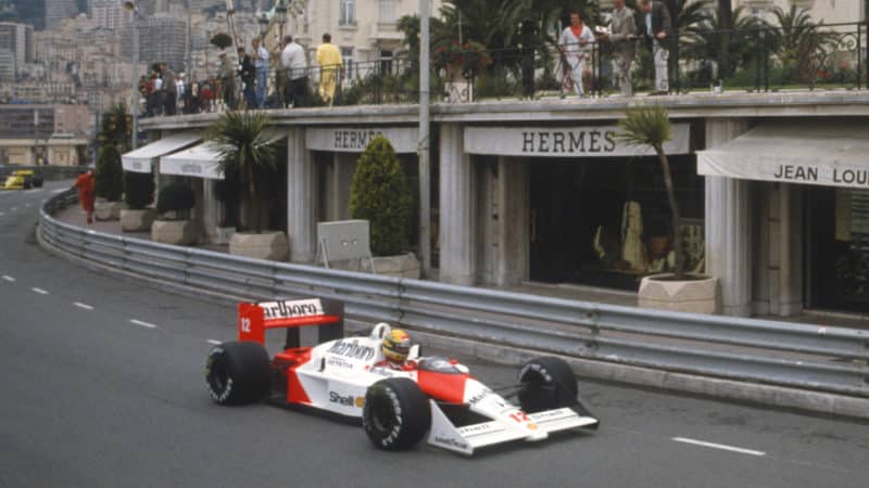 Ayrton Senna going up St Devote hill in 1988 Monaco GP