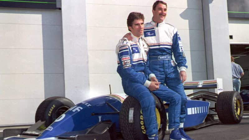 Damon Hill and Nigel Mansell pose with Williams F1 car in 1994