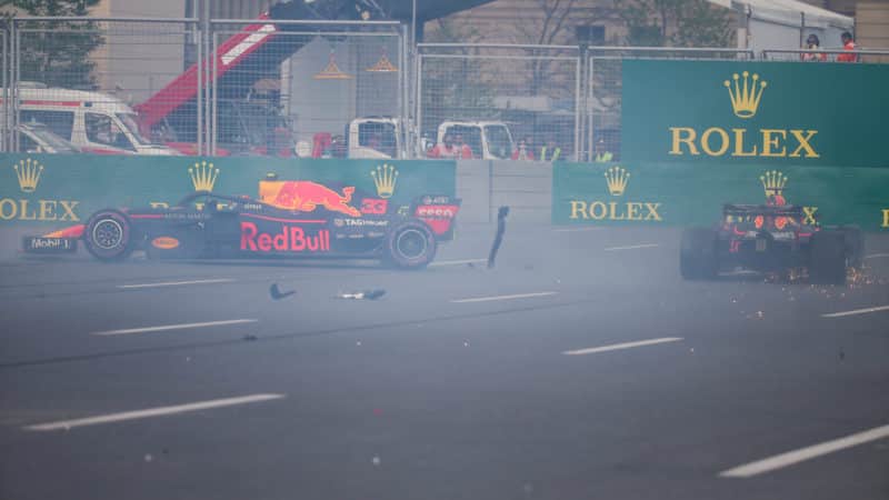 Daniel Ricciardo and Max Verstappen spin out of 2018 Azerbaijan GP