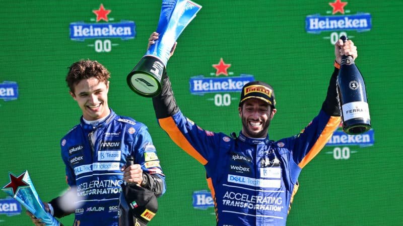 Daniel Ricciardo with Lando Norris on the 2021 Italian GP podium