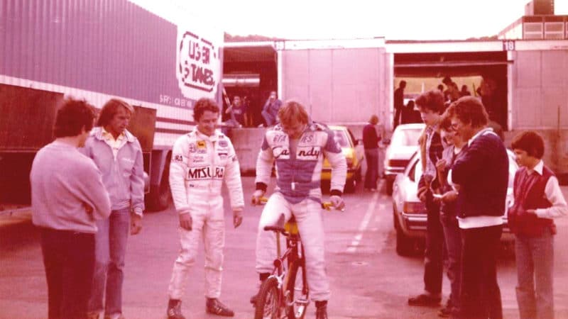 Didier Pironi tries out reverse bike