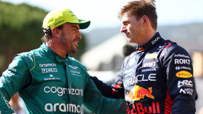 Fernando Alonso with Max Verstappen at 2023 Monaco Grand Prix