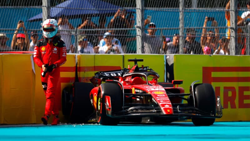 Charles Leclerc crashes during Q3 of 2023 Miami Grand Prix
