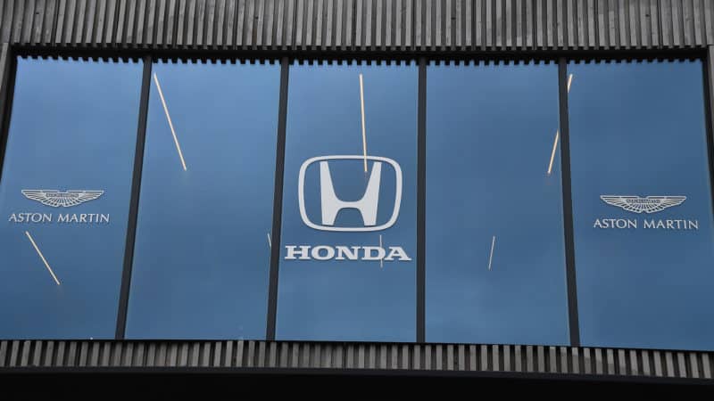 Honda and Aston Martin logos on Red Bull hospitality F1 building in 2019