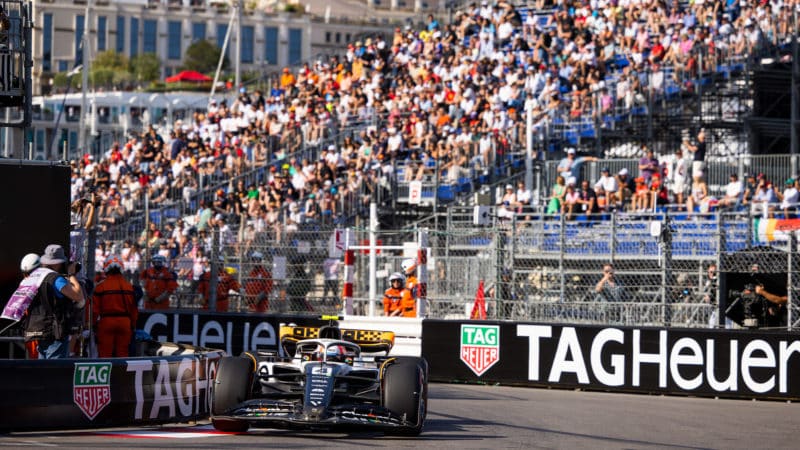 Lando Norris close to the barrier in his McLaren at 2023 Monaco GP