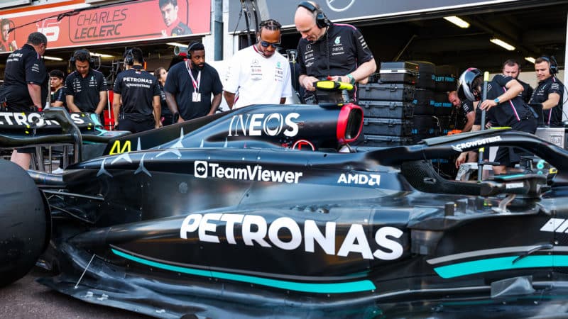 Lewis Hamilton looks at Mercedes sidepod upgrades at 2023 Monaco Grand Prix