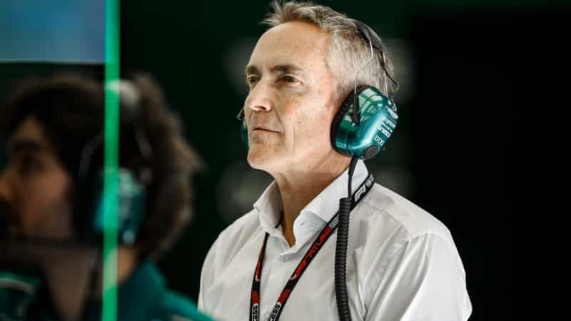 Martin Whitmarsh in Aston Martin F1 pit garage in 2023