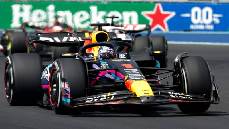 Max Verstappen on hard tyres in the 2023 Miami Grand Prix