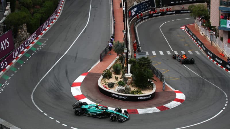 Max Verstappen ahead of Fernando Alonso at Loews hairpin in 2023 Monaco Grand Prix