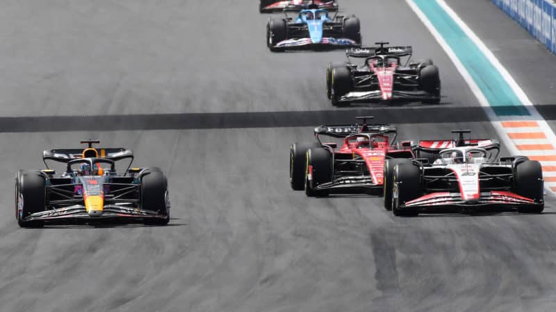 Max-Verstappen-and-Kevin-Magnussen-overtake-Charles-Leclerc-in-2023-Miami-GP