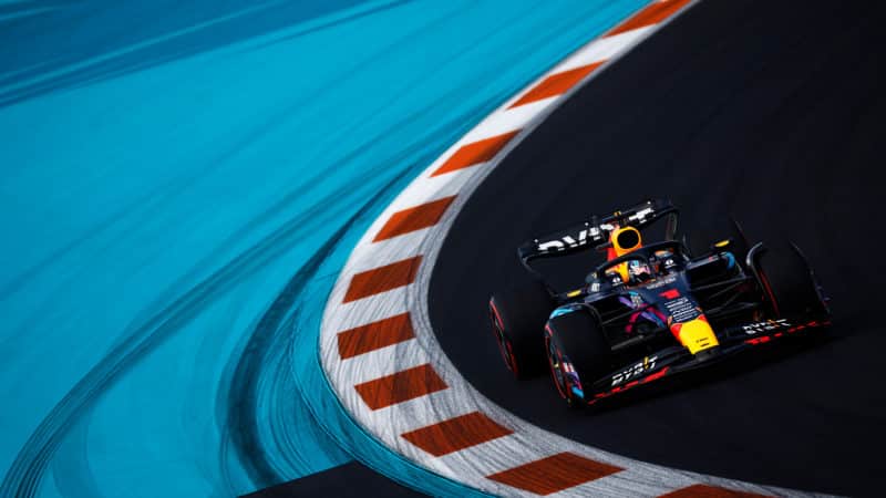 Max Verstappen cornering in 2023 Miami GP qualifying