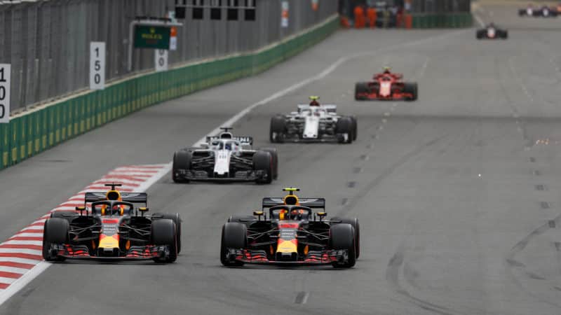 Max Verstappen defends agains Daniel ricciardo in 2018 Azerbaijan Grand Prix