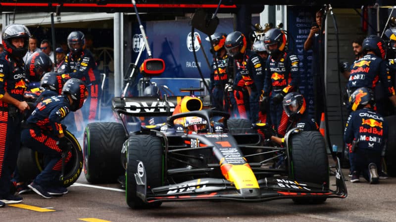 Max Verstappen exits Monaco pits with intermediate tyres