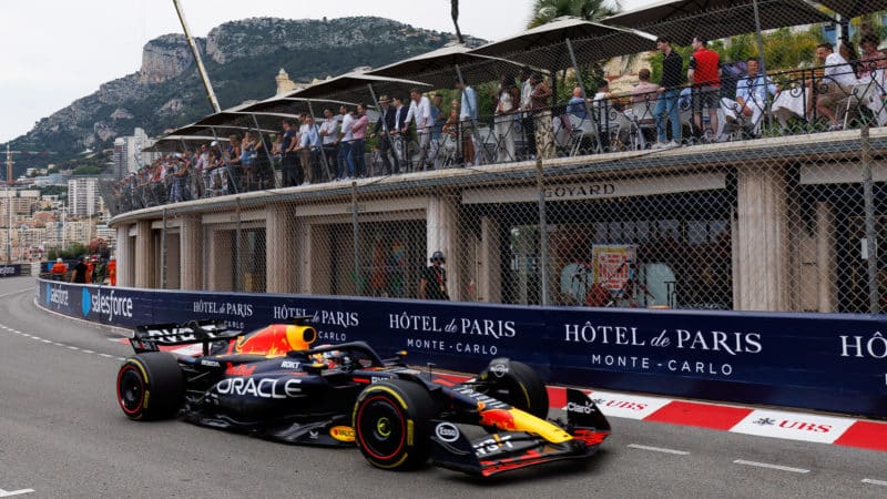 Max Verstappen going up hill at St Devote in 2023 Monaco GP