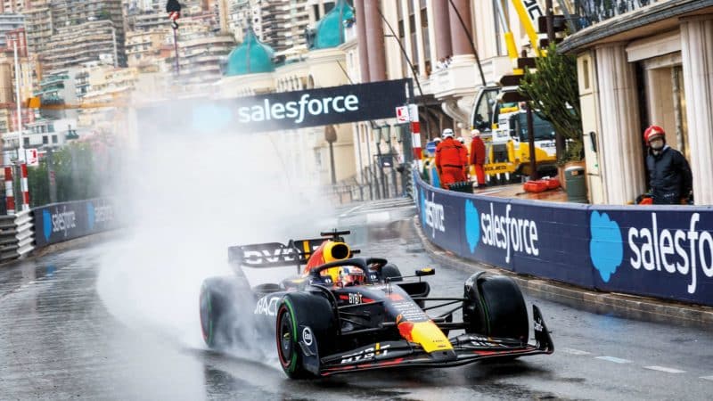 Max Verstappen in the rain at the Monaco GP