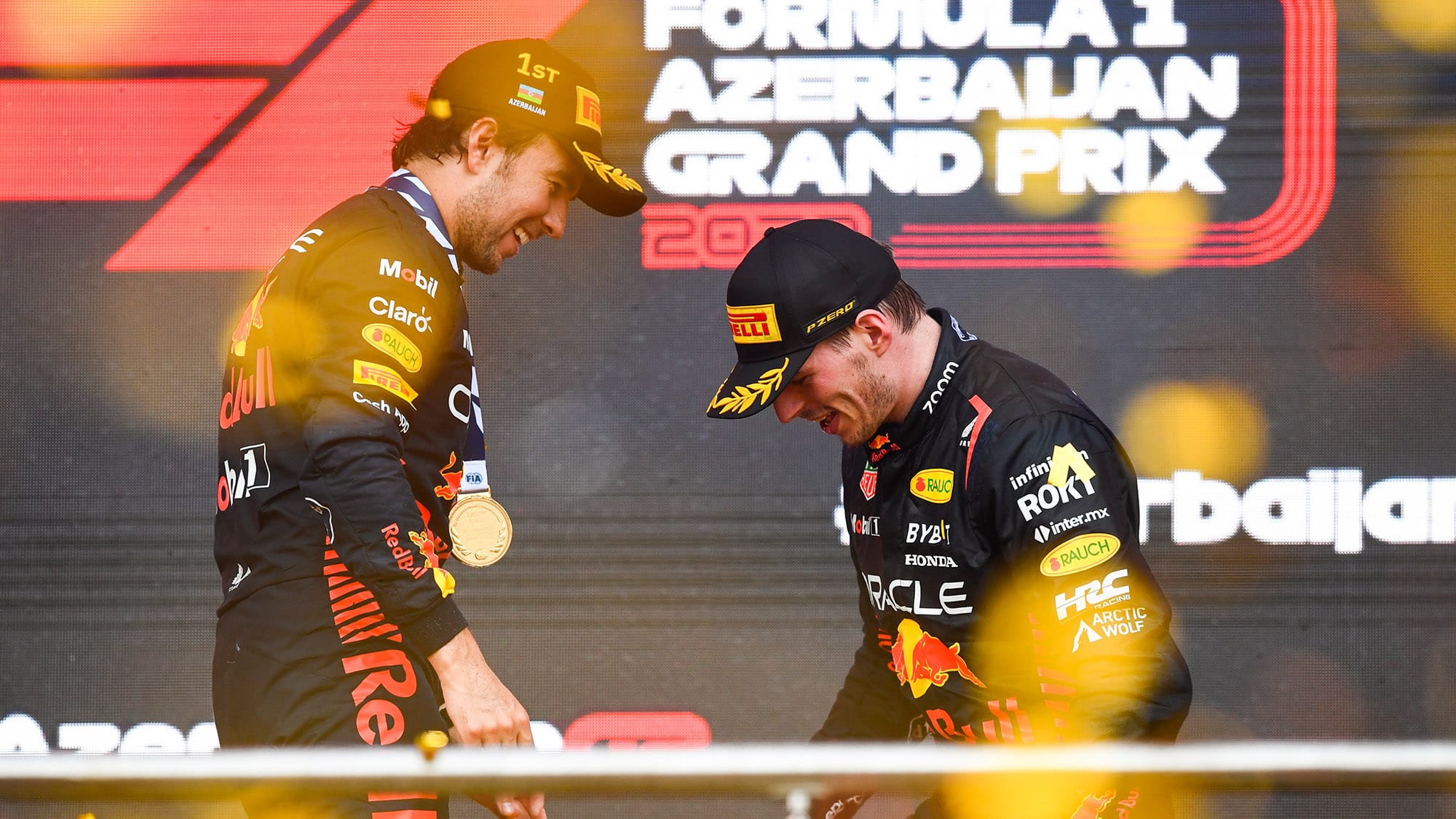 Max Verstappen with Sergio Perez on Azerbaijan GP podium in 2023