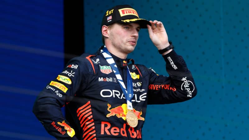 Max Verstappen with winenrs medla from 2023 Miami GP
