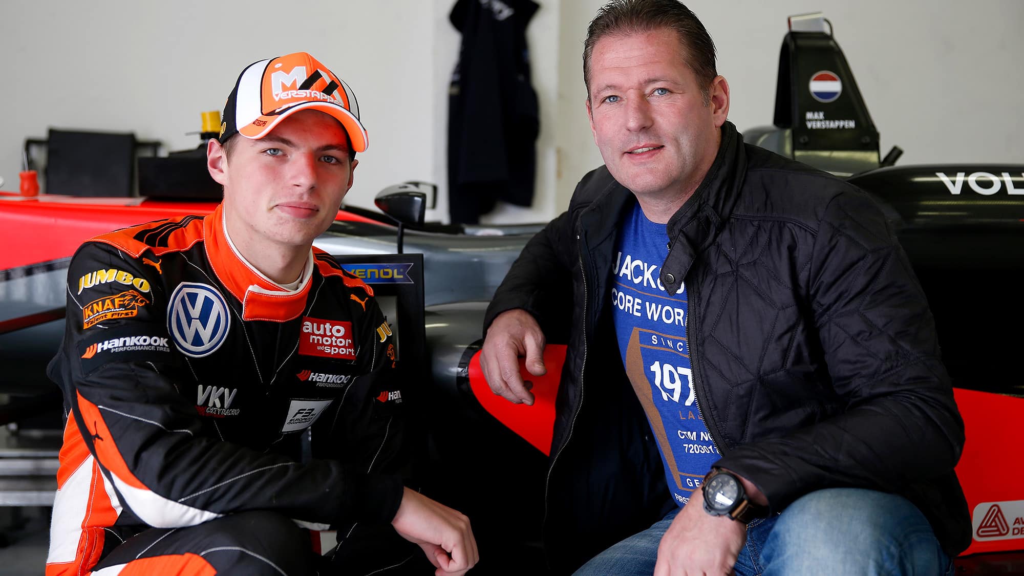 Max and Jos Verstappen in fron tof F3 car in 2014