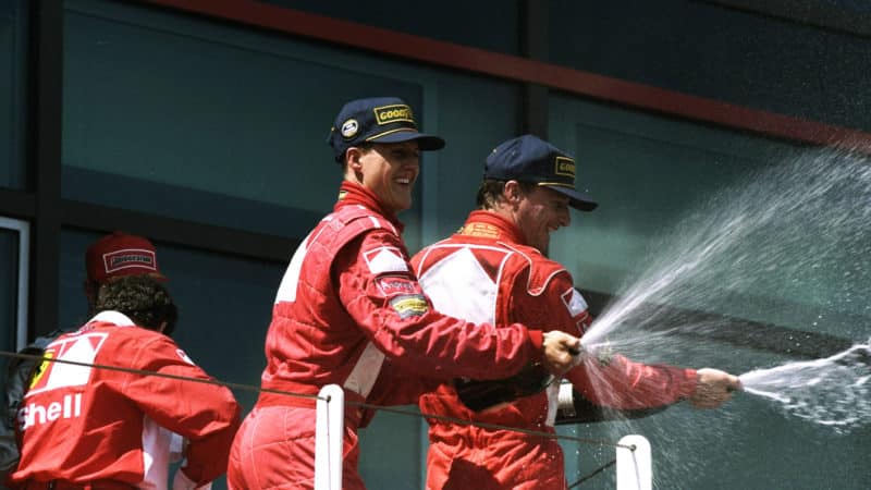 Michael Schumacher and Eddie Irvine on 1998 French Grand Prix podium
