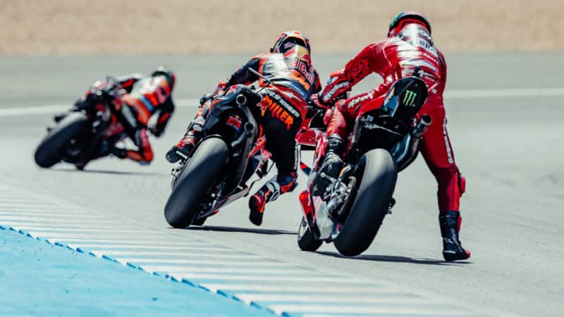 MotoGP bikes sliding at Jerez in 2023 Spanish GP