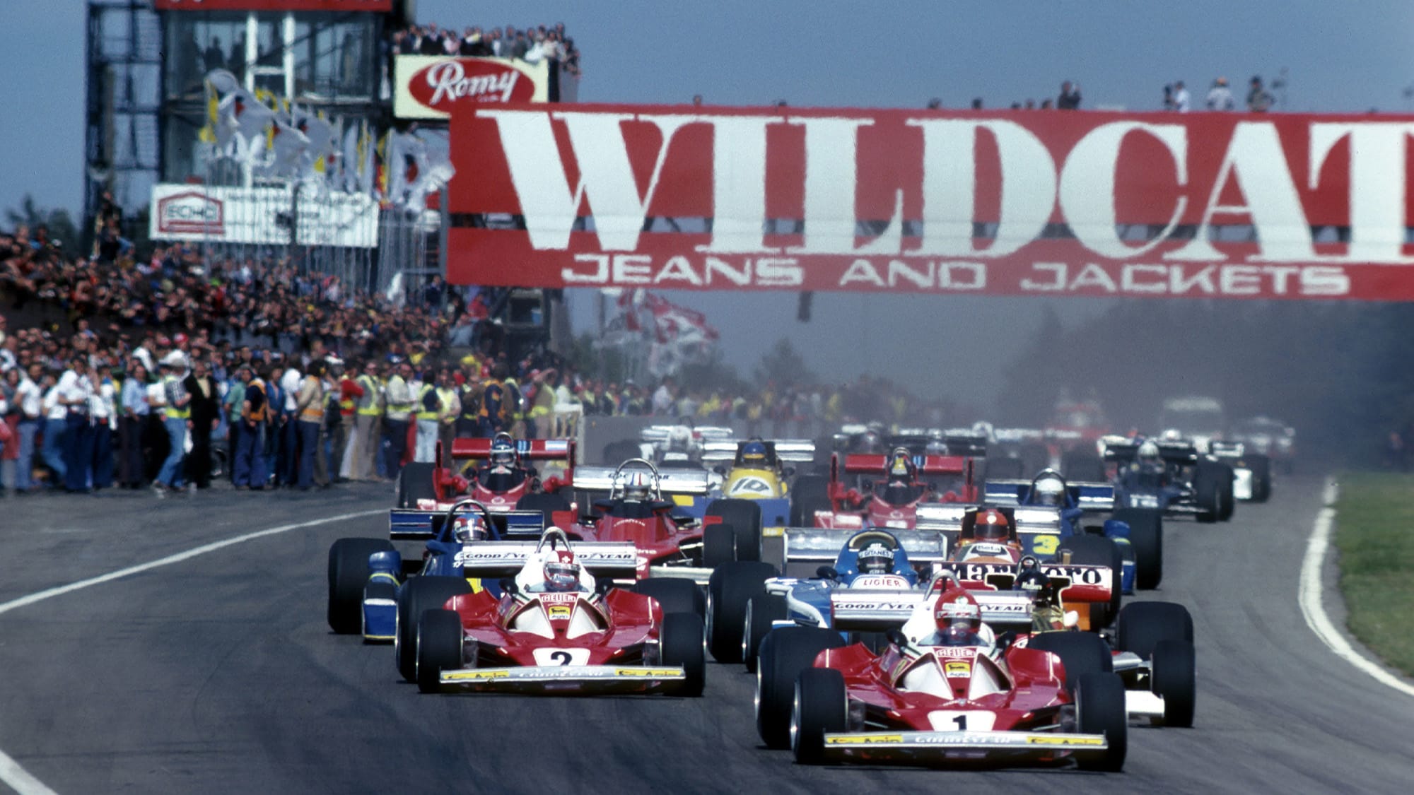 Niki Lauda and Clay Regazzoni lead at the start of the 1976 Belgian Grand Prix