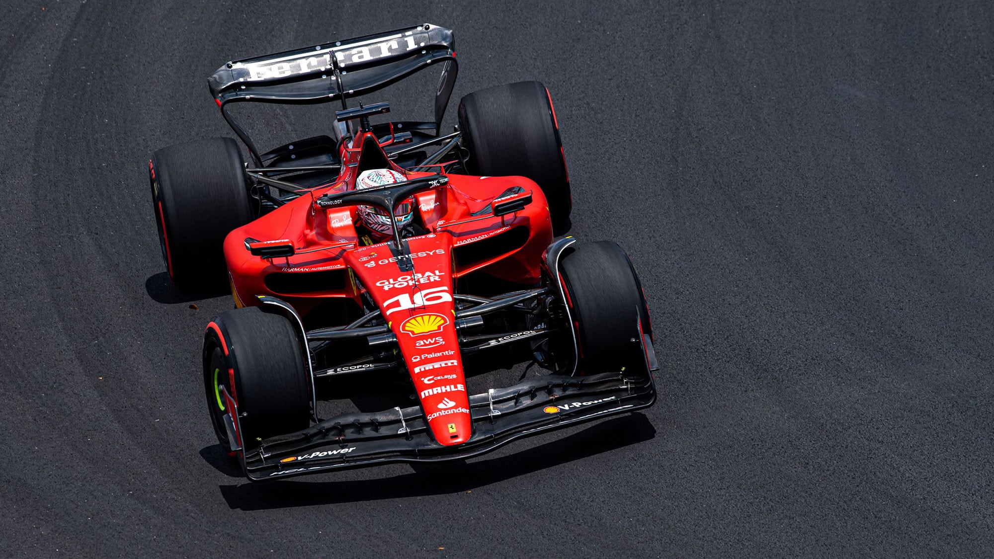 Overhead view of Charles Leclerc in Ferrari during 2023 F1 Miami GP qualifying