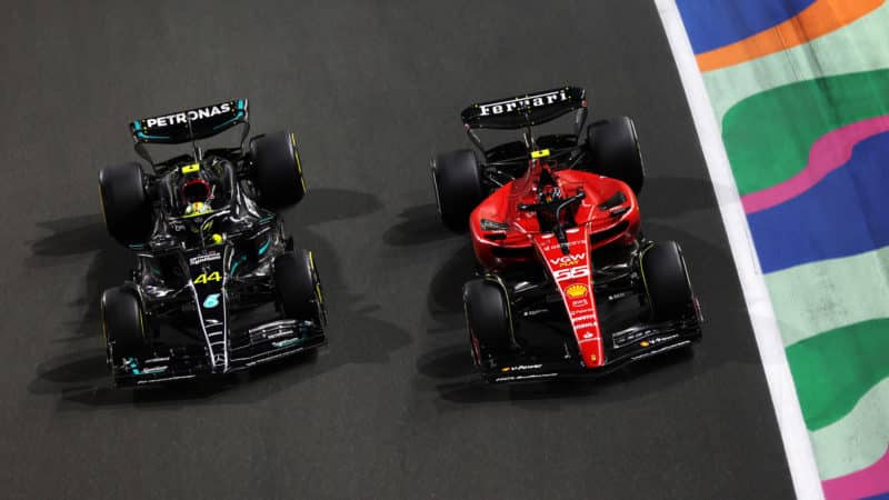Overhead view of Lewis Hamilton Mercedes and Carlos Sainz Ferrari in 2023 Saudi Arabian GP