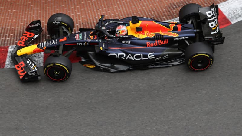 Overhead view of Max Verstappen Red Bull in 2023 Monaco GP