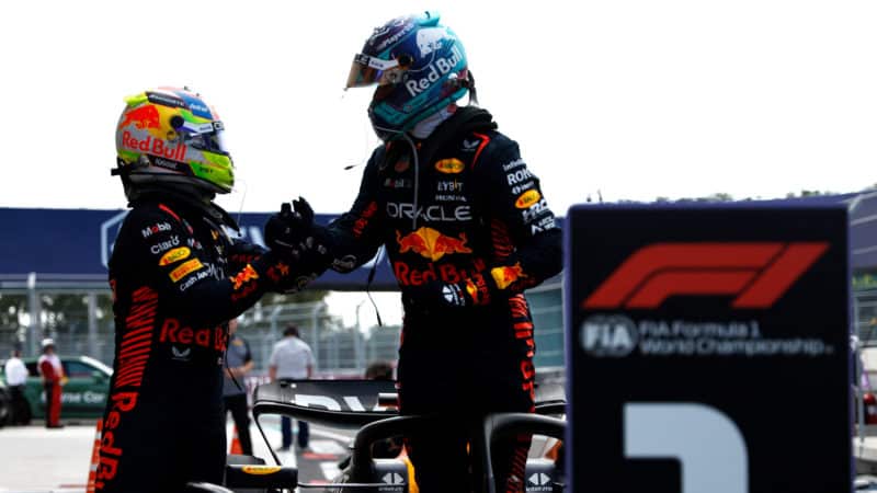 Sergio Perez congratulates Max Versatppen on 2023 Miami GP win