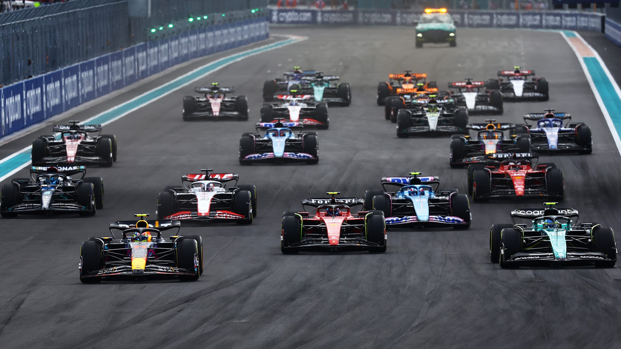 Sergio Perez leads at the start of the 2023 Miami GP