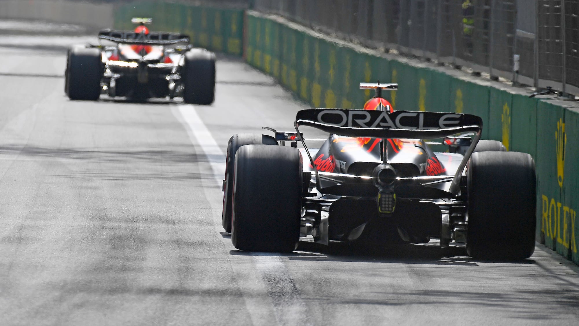 View of two 2023 Red Bull F1 cars from rear