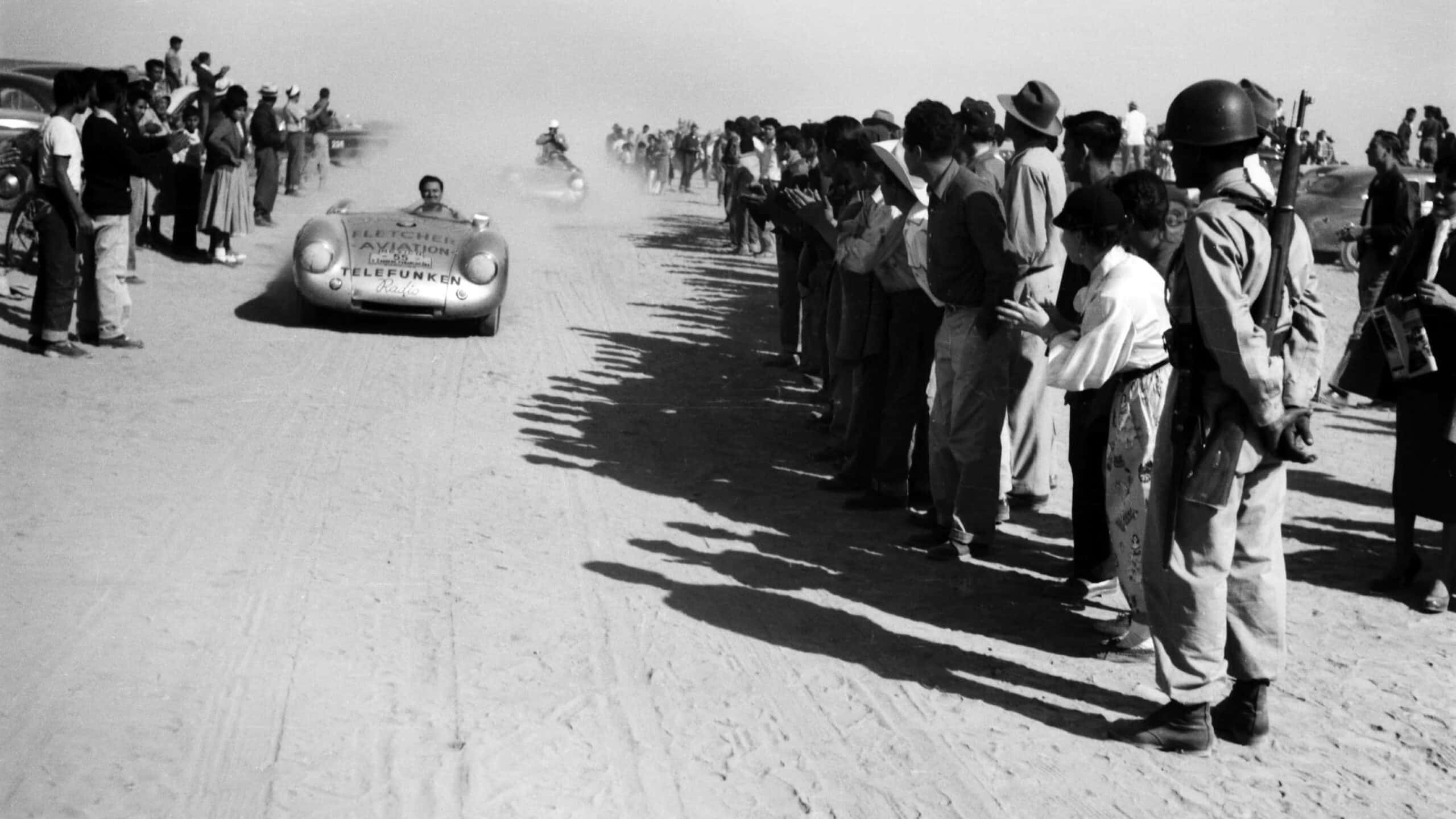 A dusty stage for Hans Herrmann in his Porsche 550 Spyder in 1954