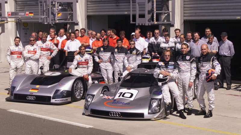 Audi R8R and R8C at Le Mans with crew in 1999