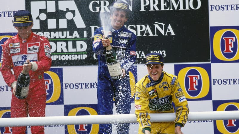 Ayrton Senna Alain Prost and Michael Schumacher on 1993 Spanish GP podium