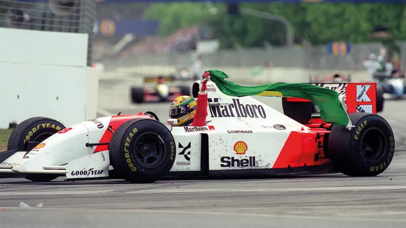 Ayrton Senna takes his victory lap after the Australian F1 in Adelaide