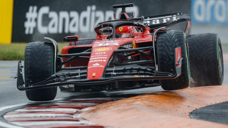 Charles Leclerc bounces over kerbs in Ferrari at 2023 Canadian GP qualifying