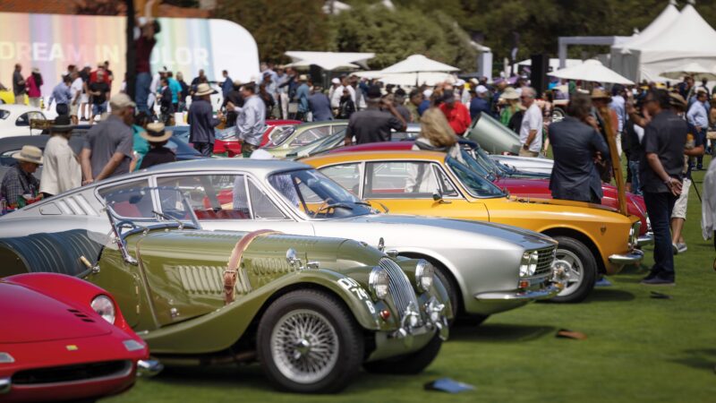 Classic cars lined up on display