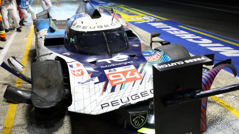 Damaged No94 Peugeot at 2023 Le Mans 24 Hours