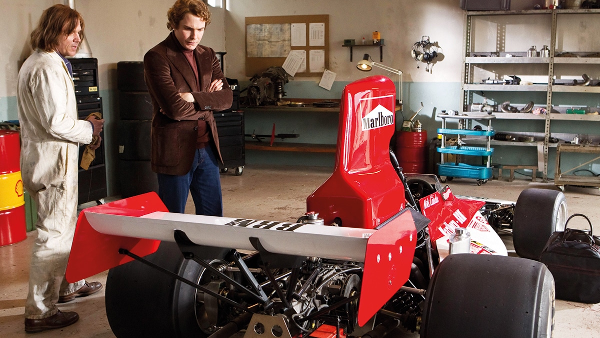 Daniel Brühl’s Lauda pores over his 1973 BRM P160, movie Rush
