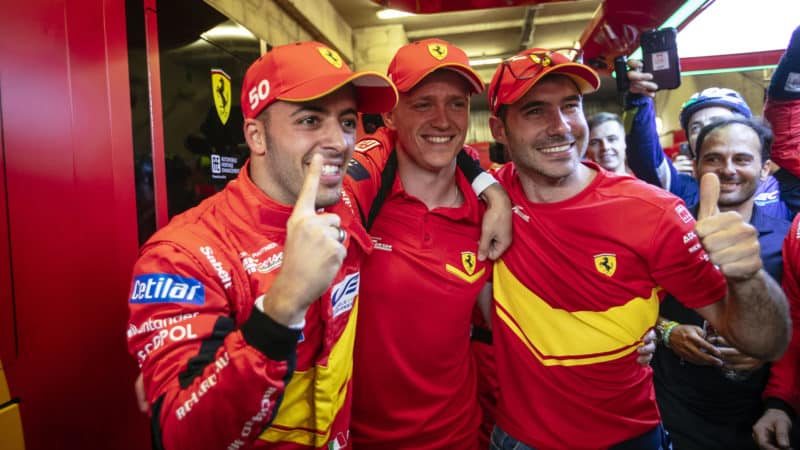 Ferrari No50 crew celebrate pole in 2023 Le Mans 24 Hours