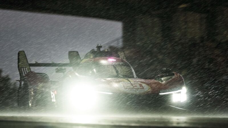 Ferrari at night in the rain at Le Mans 24