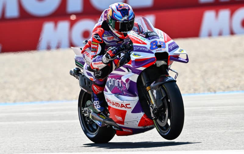 Jorge Martin lifts front wheel of Pramac Ducati in MotoGP 2023 Assen TT