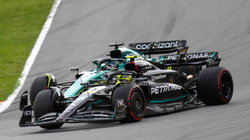 Lance Stroll battles Lewis Hamilton in 2023 Spanish GP