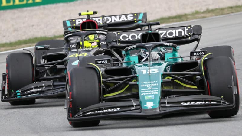 Lewis Hamilton follows Lance Stroll in 2023 Spanish GP